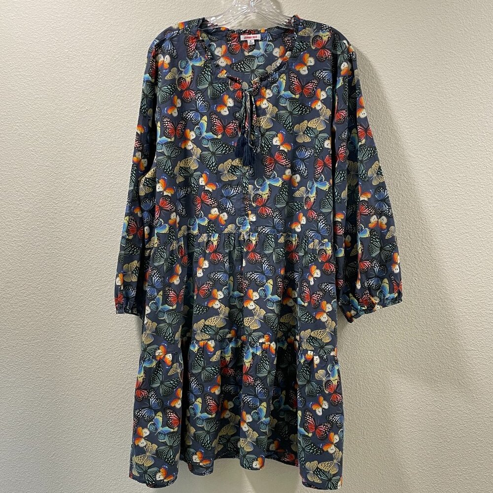 JOHNNY WAS "Papillon" Tier Smock Dress 3/4 Sleeve Woven V-Neck, Navy Multi - XL